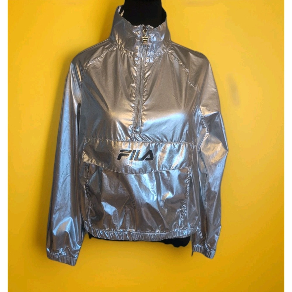Fila Sport 1/2 Zip Pullover Silver Metallic Shiny black Sz Small Women's NWT
